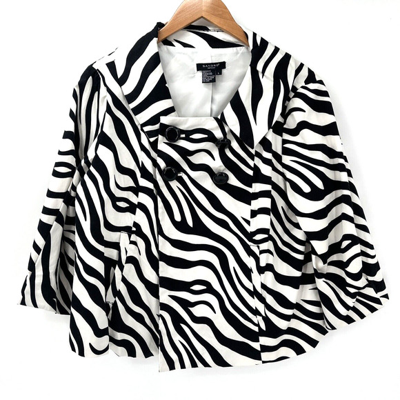 Sandro Jacket Womens Large Black White Zebra Print Short Crop Coastal + Pockets - Picture 1 of 9